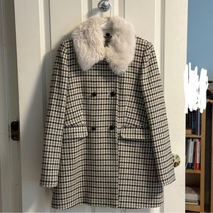 Jack Wills Houndstooth Coat with Detachable Faux Fur Collar US 4